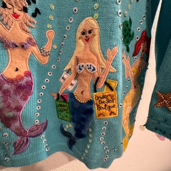 Vintage Jack B. Quick blue mermaid sequin beaded embroidery sweater cardigan XL - Picture 5 of 6